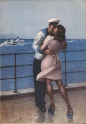 Soldier kissing a woman while a boat passes behind them Italy World War II Postcard Postcard Postcard