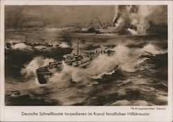 Navy, WWII, German PT Boats Torpedo an Enemy Escort Cruiser Postcard