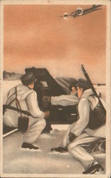 Soldiers in Winter Gear at Anti-Aircraft Position, Plane Postcard
