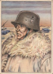 Sketch of Named Iron Cross Recipient, Winter Uniform, Helmet Postcard