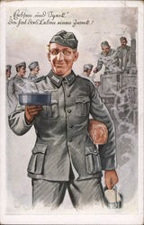 Smiling Soldier at Mess, Field Kitchen, Bread and Goulash Postcard