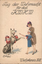 Friendly Dog Soliciting Help from Child & Mother, War-time Winter Assistance Fund Postcard