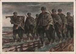 Column of German Soldiers in Rain Gear on the March. Postcard