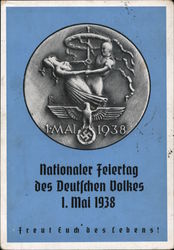 National Holiday, May Day 1938, "Be Joyful in Life", Coin, Medal Postcard
