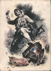 Propanganda, German Soldier w Grenade Resisting French Tank and English money Money Sack Postcard