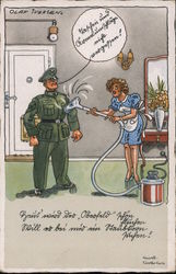 Military humor, Officer's Uniform Being Cleaned by Vacuum Cleaner Postcard