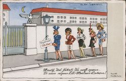 Military Humor, Women Waiting in Line at Base w Gate with Swastika, "Reserved for Me', Prostitutes? Postcard
