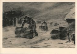 "Our Working Men at War", Men at an Airfield in Snow w Barrels Postcard