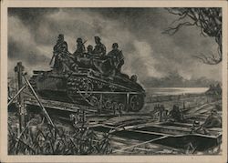 "Tanks Roll over the Bridge Built by Amry Engineers to Meet the Enemy" Postcard