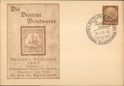 commemorative cancel "Die Deutsche Briefmarke Nationale Ausstellung 16. bis 18. April 1937" postal district Berlin W 62 Nazi Ger Postcard