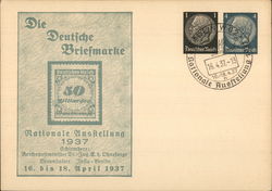 commemorative cancel "Die Deutsche Briefmarke Nationale Ausstellung 1937" (stamp exhibition) postal district Berlin W 62 Postcard