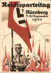 Nazi Party Convention, Nuremberg, 1934, SA Soldier w Flag, Swastika Postcard