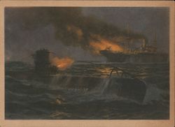 U-Boat in Deck Artillery Action with Armed Enemy Merchant Marine Ship Postcard