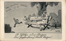 Militarty Humor, Woman Benc, Soldier Chased Off by Officer Feldpost Postcard