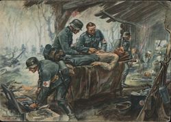 Emergency Medical Help at the Forward First Aid Station, Wounded Soldioer, Military Medicne 1943 Postcard