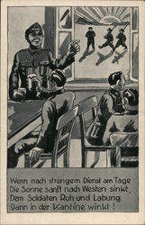 "After a hard day's work, the sun sinks in the West, and rest and relazation wink to the soldier in the cateen." Postcard