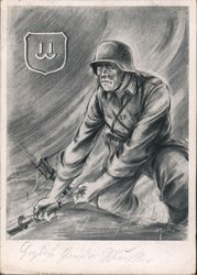Soldier Throwing Grenade, Potato Masher, Drawing, Feldpost 1941 Postcard