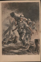 German Construction Battalion Soldiers Carrying Steel Beam for Anti-Tank Barrier Postcard