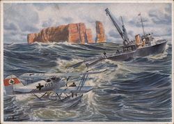 Airplane Assistance Escort Ship, Sea Plane Lifted by Crane at Sea Postcard