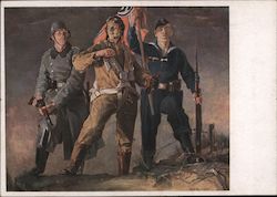 German Soldier, Flier, and Sailor Holding Nazi Flag w Swastika, "German Triptych", HDK House of German Art Munich Postcard