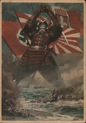 Samurai Warrior Destroying Allied Ships, Japanese, Italian, and Nazi German Flags Postcard