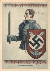 National Nazi Party Convention, Nuremberg, Nuernberg 1934, Medieval Knight w Sheld, Swastika Postcard
