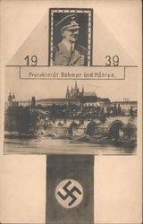 Prague Castle, 1939, Protectorate of Bohemia and Moravia, Hitler Photo and Flag Postcard