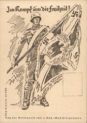 "In the Fight for Freedom", Soldier w Flag, Swastika Nazi Germany Postcard Postcard Postcard