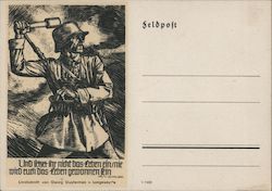 WWII German feldpost, Soldiers Mail, Linoleum Block Print, Soldier w Grenade, Helmet, Uniform Postcard