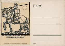 WWII German feldpost, Soldiers Mail, Linoleum Block Print, Medieval Knight w Horse & Swastika on Shield Postcard