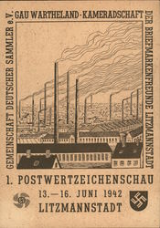 1st Stamp Show, Litzmannstadt, Lodz Poland, Factories, Chimneys 1942 Nazi Germany Postcard Postcard Postcard