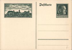 Imprinted Hitler Stamp w Panorama View of Nuremberg, Nuernberg castle Postcard