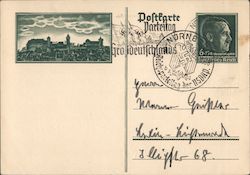 Imprinted Hitler Stamp w Panorama View of Nuremberg, Nuernberg Castle, 1938 Cancel Postcard