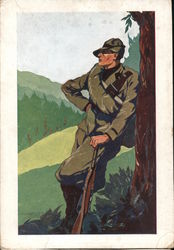 Man with gun near a tree, from La Milizia confinaria Italy World War II Postcard Postcard Postcard