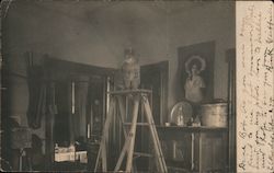 Grandma's Kitchen - Robert Adams Cat on Ladder Postcard
