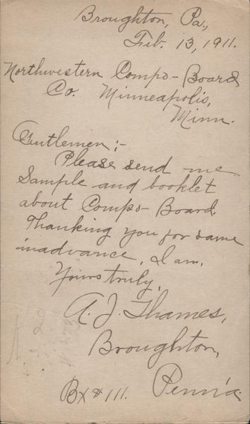 Correspondence Sent to Northwestern Compo-Board Co. Minneapolis Minnesota