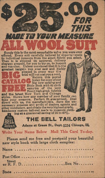Advertisement for a $25 All Wool Suit at The Bell Tailors in Chicago
