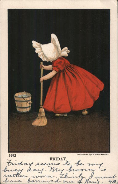 Young girl sweeping the floor Days of the Week