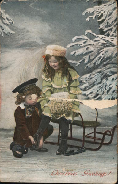Christmas Greetings - A Girl Sitting on a Sled While a Boy Helps her put her Shoes on
