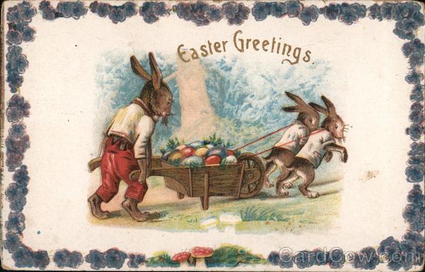 Rabbits with Wheelbarrow of Easter Eggs - Easter Greetings