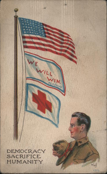 We Will Win; Soldier Holding Hat over his Heart Whilst Looking Up at Three Patriotic Flags