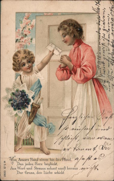 A Little Angel Handing a Letter To a Woman Cupid