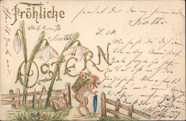 Fröhliche Ostern, Rabbit Standing on Hind Legs with an Umbrella, Knapsack, and Kerchief
