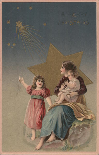 A Merry Christmas - A Woman and Two Children Looking at a Shooting Star