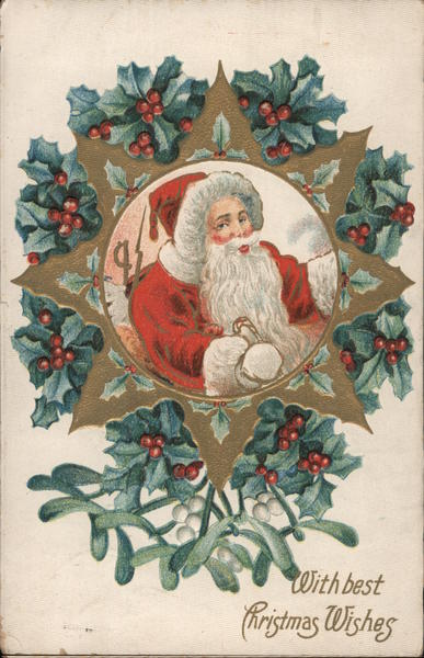 With Best Christmas Wishes - Santa in a Holly Wreath