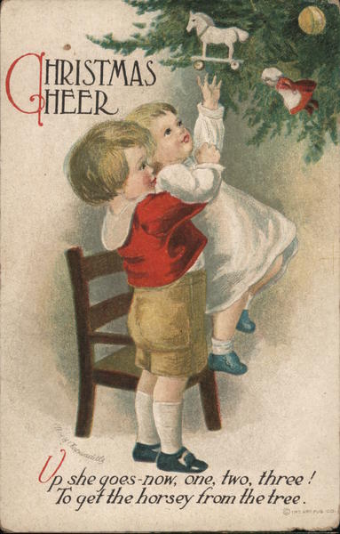 Christmas Cheer - Two Children Playing with Christmas Ornaments on a Tree
