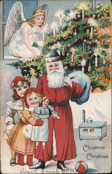 Christmas, Christmas- Santa With Children- Angel in Window and Candlelit Tree