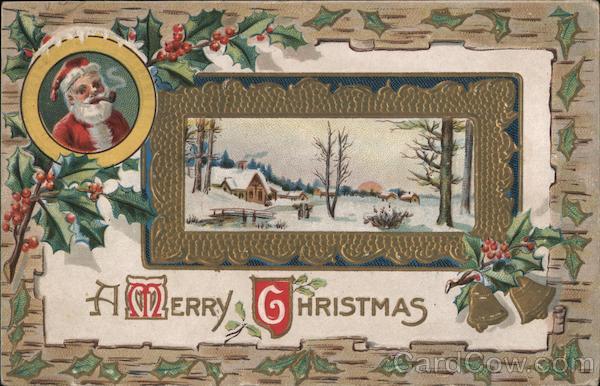 A Merry Christmas - Santa Smoking a Pipe and a Snow Scene