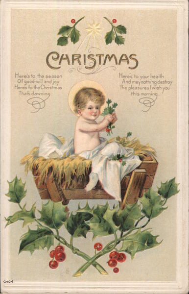 Christmas - A Baby Playing in a Wood Cradle Children