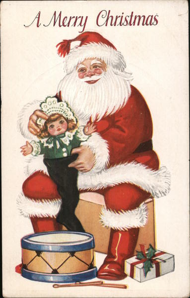 A Merry Christmas - Santa Putting a Doll in a Stocking